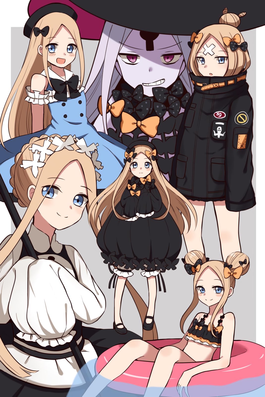 6+girls abigail_williams_(emerald_float)_(fate) abigail_williams_(fate) abigail_williams_(festival_outfit)_(fate) abigail_williams_(traveling_outfit)_(fate) bikini black_bikini black_bow black_dress black_footwear black_headwear black_jacket blonde_hair bloomers blue_dress blue_eyes bow closed_mouth commentary_request double_bun dress fate/grand_order fate_(series) forehead grey_background grin hair_bow hair_bun hat highres innertube jacket long_sleeves moyashi_(momoyashi_321) multiple_girls orange_bow pale_skin parted_lips polka_dot polka_dot_bow puffy_long_sleeves puffy_sleeves purple_eyes revealing_clothes shoes sleeveless sleeveless_dress sleeves_past_fingers sleeves_past_wrists smile swimsuit two-tone_background underwear white_background white_bloomers white_dress witch_hat