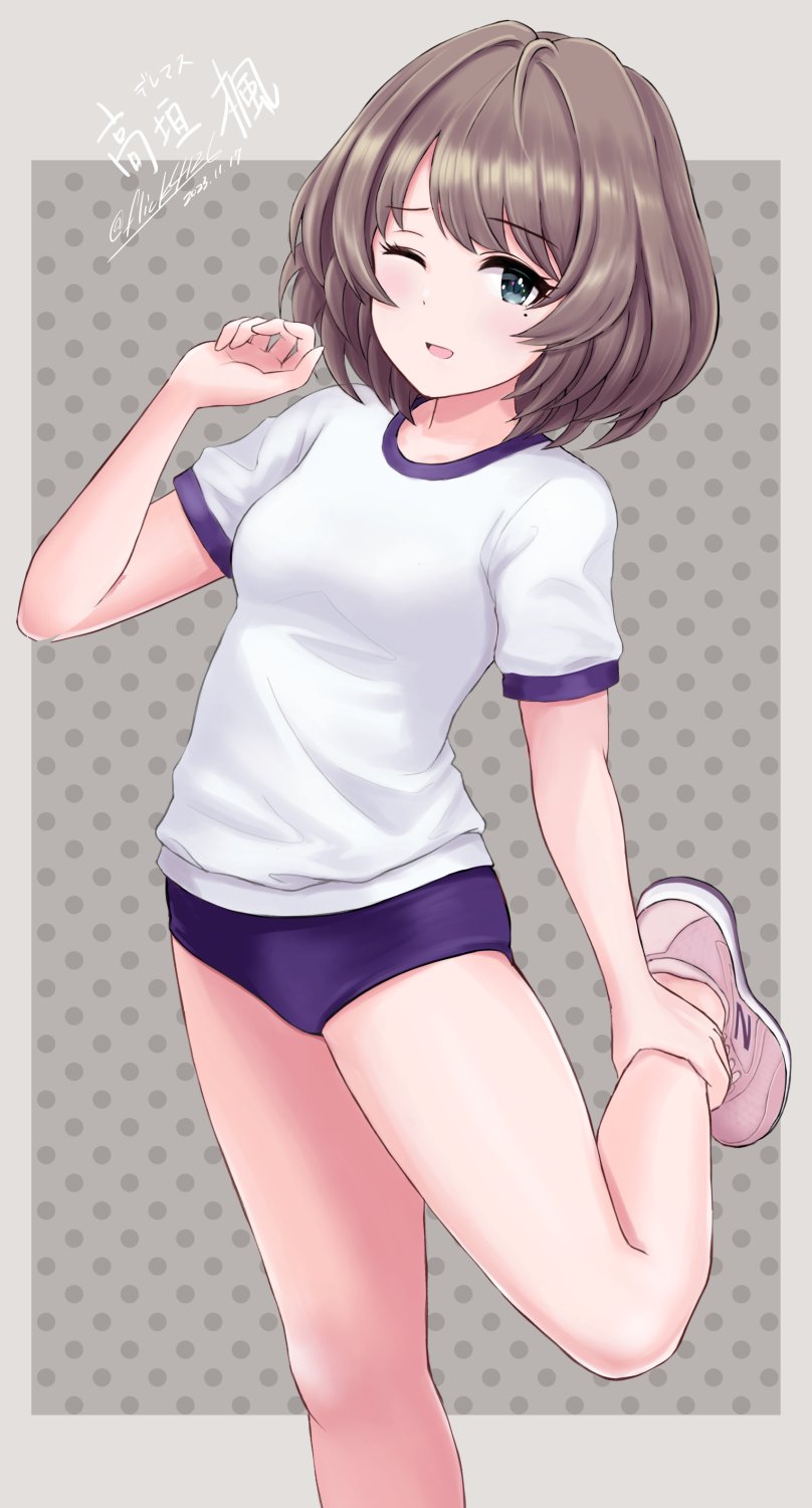 1girl blue_buruma blue_eyes blush breasts brown_hair buruma dated flick_(sal23) gym_shirt gym_shorts gym_uniform highres idolmaster idolmaster_cinderella_girls leg_up looking_at_viewer medium_breasts mole mole_under_eye one_eye_closed open_mouth pink_footwear polka_dot polka_dot_background shirt shoes short_hair shorts signature smile sneakers solo takagaki_kaede thighs