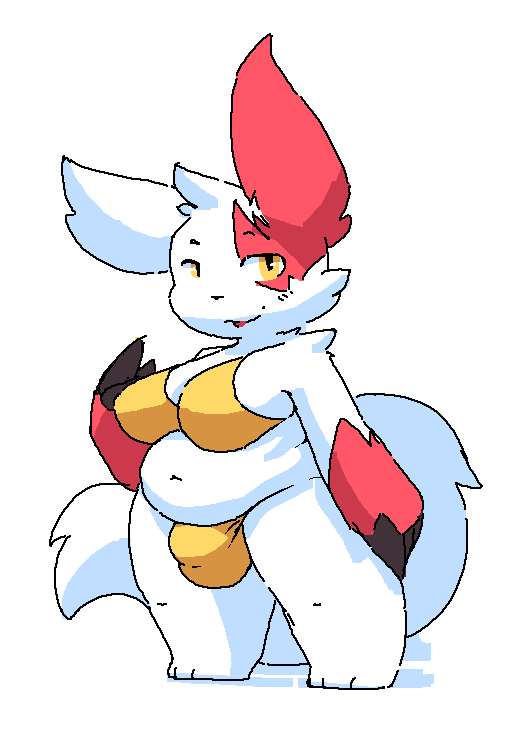 2023 anthro belly bikini bikini_bottom bikini_top biped breasts bulge claws clothing digital_media_(artwork) generation_3_pokemon gynomorph intersex looking_at_viewer navel nintendo pokemon pokemon_(species) simple_background smile solo somnamg swimwear thick_thighs zangoose