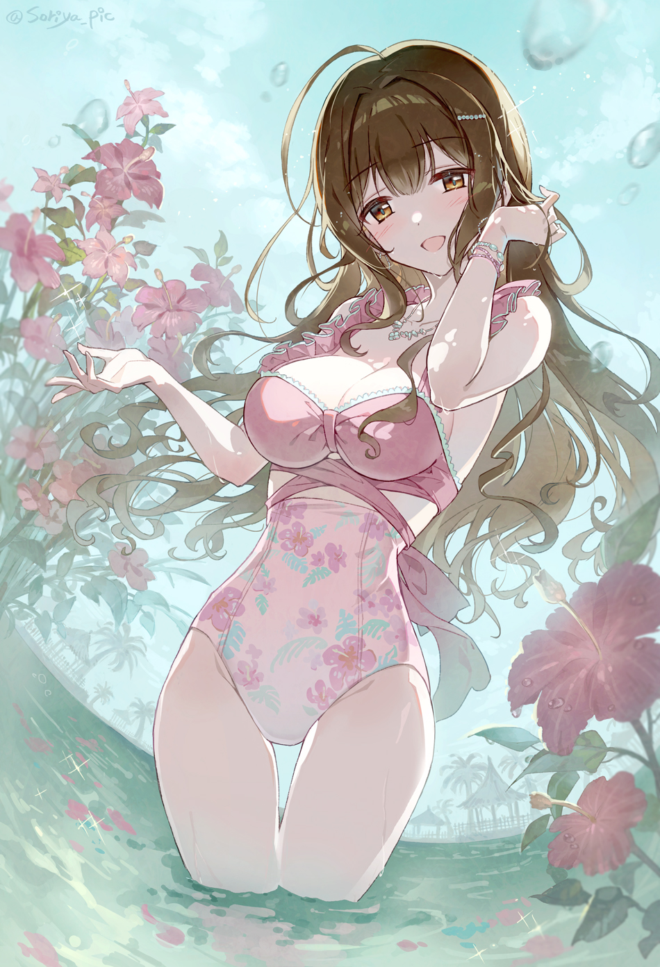 1girl ahoge artist_name bikini blush breasts brown_eyes brown_hair casual_one-piece_swimsuit cleavage commentary_request cutout_above_navel fisheye floral_print flower frilled_straps hair_ornament hairclip hand_up highres holding_own_hair idolmaster idolmaster_shiny_colors jewelry kuwayama_chiyuki long_hair looking_at_viewer medium_breasts multiple_bracelets necklace one-piece_swimsuit open_mouth outdoors pink_bikini pink_flower pink_one-piece_swimsuit signature solo soriya swimsuit thigh_gap wading water water_drop
