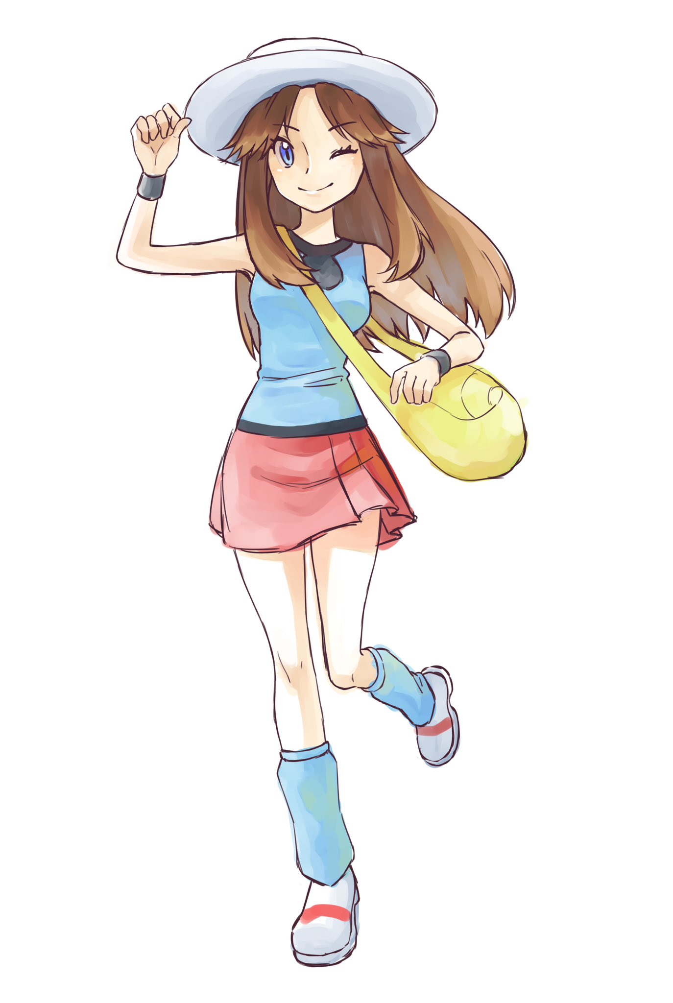 1girl ;) ayan_ip bag black_wristband blue_shirt blue_socks brown_hair bucket_hat closed_mouth commentary_request green_(pokemon) hair_flaps hand_up hat highres knees leg_up long_hair loose_socks messenger_bag one_eye_closed pokemon pokemon_adventures red_skirt shirt shoes shoulder_bag simple_background skirt sleeveless sleeveless_shirt smile socks solo white_background white_footwear white_headwear wristband yellow_bag