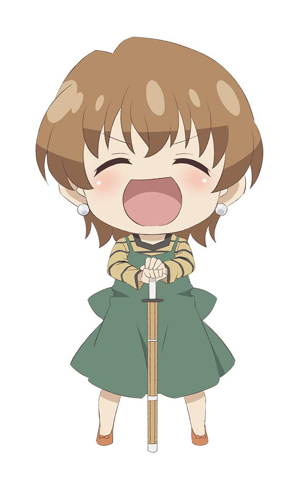 1girl apron blush brown_hair chibi closed_eyes facing_viewer fate/kaleid_liner_prisma_illya fate_(series) fujimura_taiga full_body green_apron hair_between_eyes happy holding holding_weapon looking_at_viewer no_nose open_mouth orange_footwear shirt short_hair simple_background solo standing straight-on weapon white_background yellow_shirt