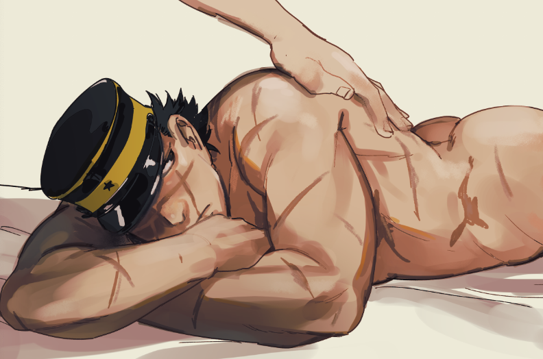 1boy aoi_(husiginokuninoa) ass bara blush completely_nude feet_out_of_frame golden_kamuy hand_on_another's_back hat hat_over_one_eye kepi lying male_focus military_hat nude on_stomach scar scar_on_face scar_on_mouth scar_on_nose short_hair solo_focus sugimoto_saichi toned toned_male too_many_scars yaoi