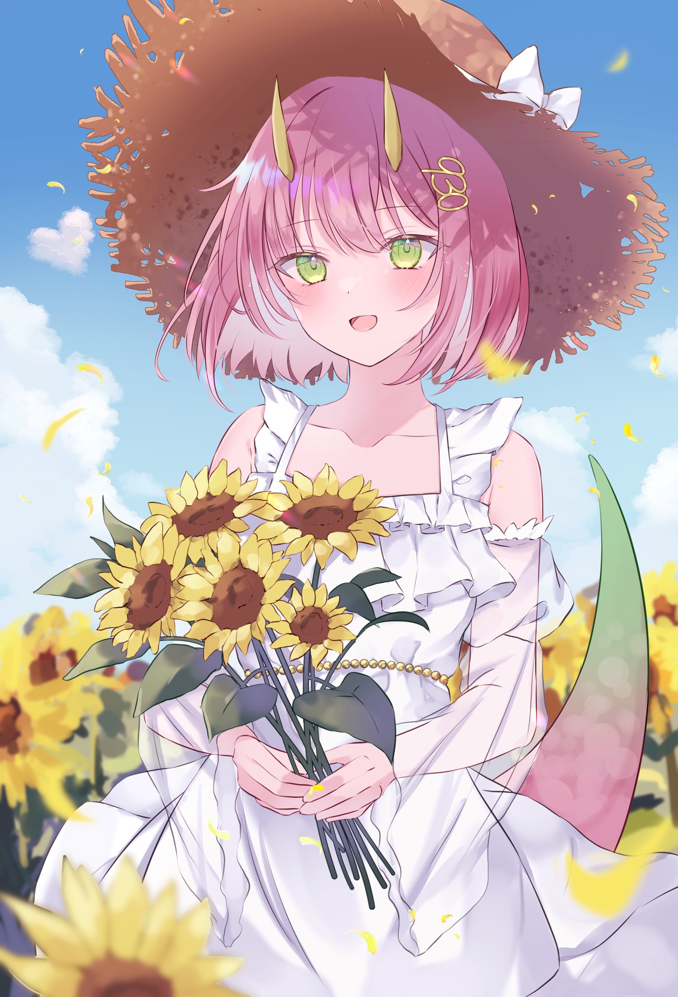 1girl blush bow brown_headwear detached_sleeves dress flower green_eyes gusao hat hat_bow highres holding holding_flower open_mouth pink_hair see-through see-through_sleeves short_hair smile solo straw_hat sunflower white_bow white_dress yellow_flower yellow_horns yomogi_mogu youtube