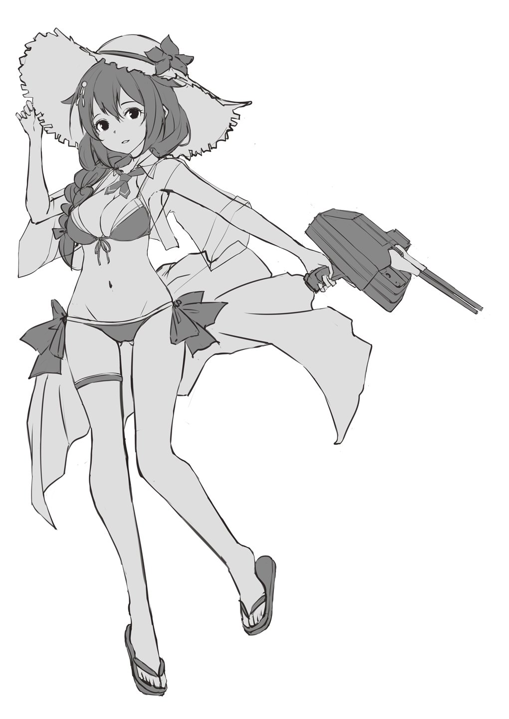 1girl adapted_turret bikini breasts cannon cleavage collared_shirt dress_shirt flower front-tie_bikini_top front-tie_top full_body greyscale hair_over_shoulder hat hat_flower highres kantai_collection long_hair medium_breasts monochrome neck_ribbon neve_(morris-minicooper) official_alternate_costume open_clothes open_shirt ribbon sandals shigure_(kancolle) shigure_kai_san_(kancolle) shirt side-tie_bikini_bottom solo straw_hat swimsuit turret white_shirt