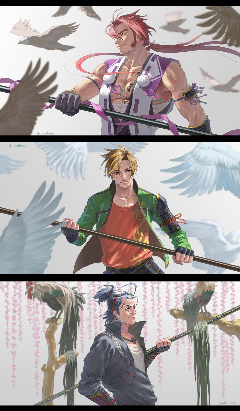 3boys bandaged_torso bara bird blue_jacket chicken commentary_request detached_sleeves fingerless_gloves gloves goggles goggles_on_head green_jacket highres holding holding_polearm holding_weapon jacket japanese_clothes looking_at_viewer looking_down looking_to_the_side male_focus multiple_boys nihongou nihongou_(touken_ranbu) obonbom otegine polearm ponytail rooster tonbokiri tonbokiri_(touken_ranbu) touken_ranbu weapon