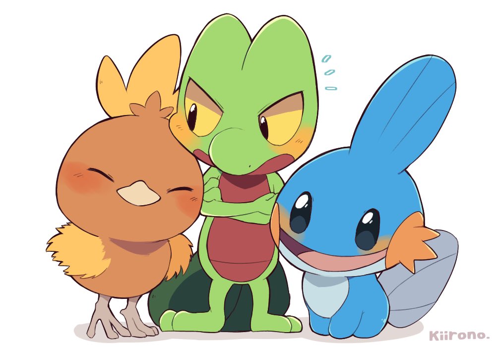 beak blush closed_eyes closed_mouth colored_sclera crossed_arms kiirono mudkip no_humans notice_lines open_mouth pokemon pokemon_(creature) signature simple_background standing starter_pokemon_trio treecko white_background yellow_sclera