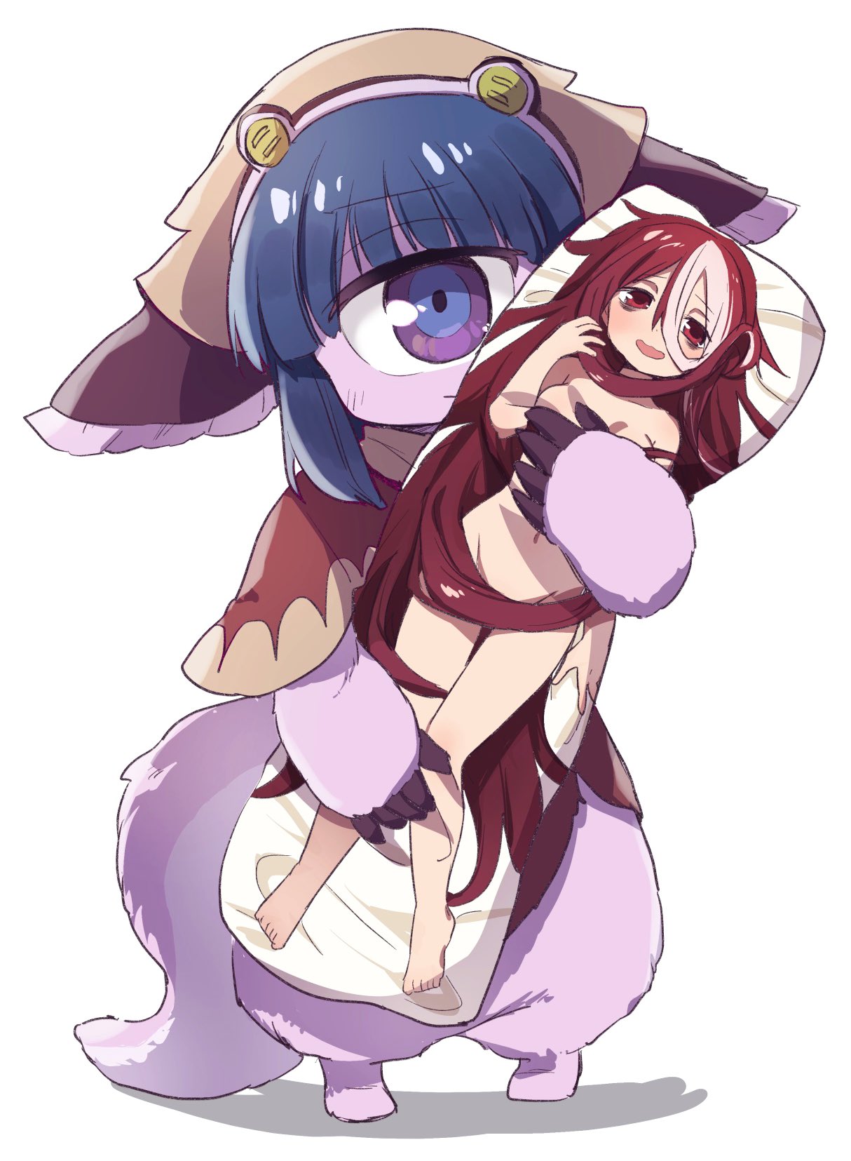 1girl animal_ears bags_under_eyes barefoot blue_eyes blue_hair blush brown_capelet brown_headwear brown_shirt capelet closed_mouth commentary_request covering_another's_breasts cyclops dakimakura_(object) full_body furry groin hair_censor hand_up hat highres holding holding_pillow iczdb knees_together_feet_apart long_hair looking_at_viewer made_in_abyss medium_hair multicolored_hair navel nude object_hug one-eyed open_mouth pakkoyan pillow pillow_hug purple_eyes purple_fur red_eyes red_hair shirt simple_background smile solo standing streaked_hair tail two-tone_eyes very_long_hair vueko wavy_mouth white_background white_hair