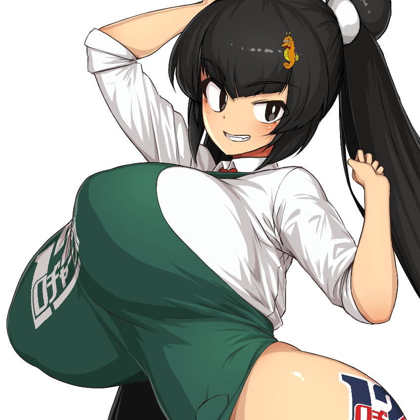 1girl apron ass black_eyes black_hair breasts double_bun green_apron hair_bun hand_up harashima_rojami large_breasts long_hair looking_at_viewer makino_momiji_(artist) original race_queen shirt smile solo tsurime twintails very_long_hair white_background white_shirt