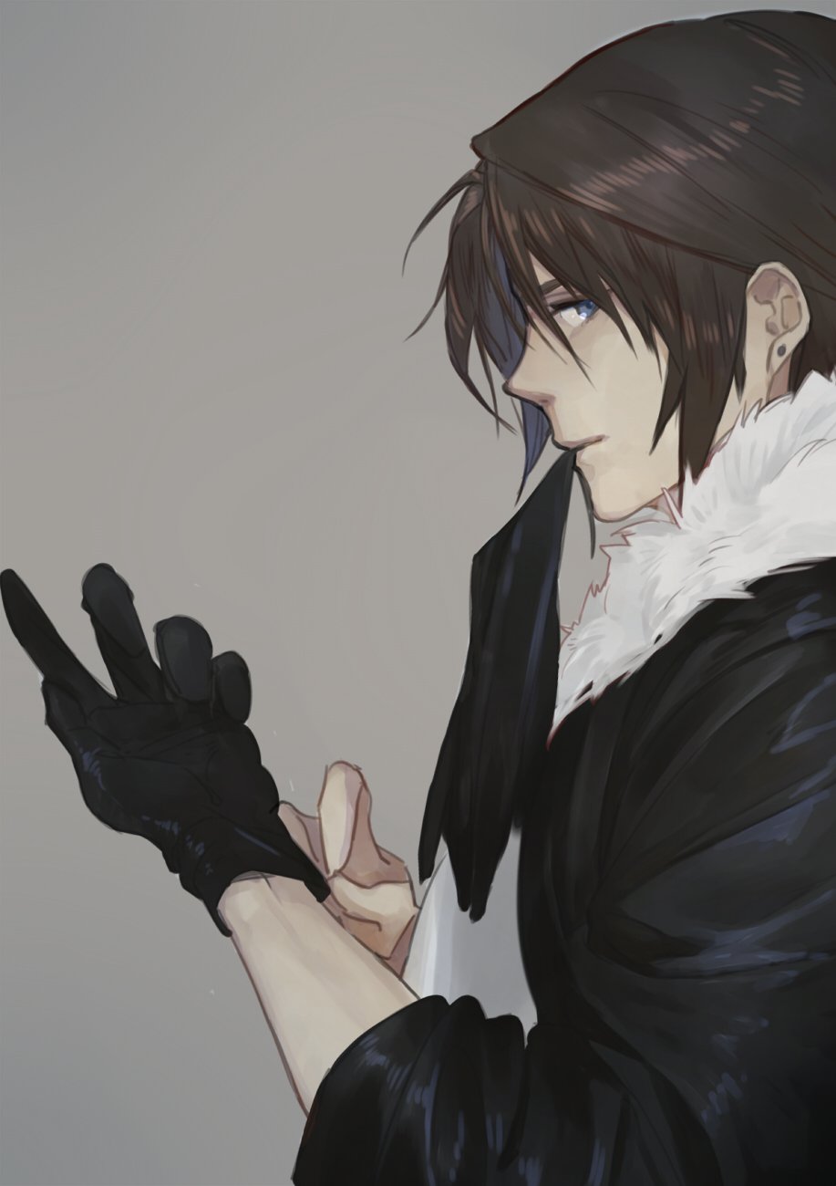 1boy black_gloves black_jacket blue_eyes brown_hair earrings final_fantasy final_fantasy_viii from_side fur-trimmed_jacket fur_trim glove_in_mouth gloves grey_background highres jacket jewelry long_sleeves male_focus mouth_hold nini_tw99 putting_on_gloves short_hair simple_background solo squall_leonhart stud_earrings