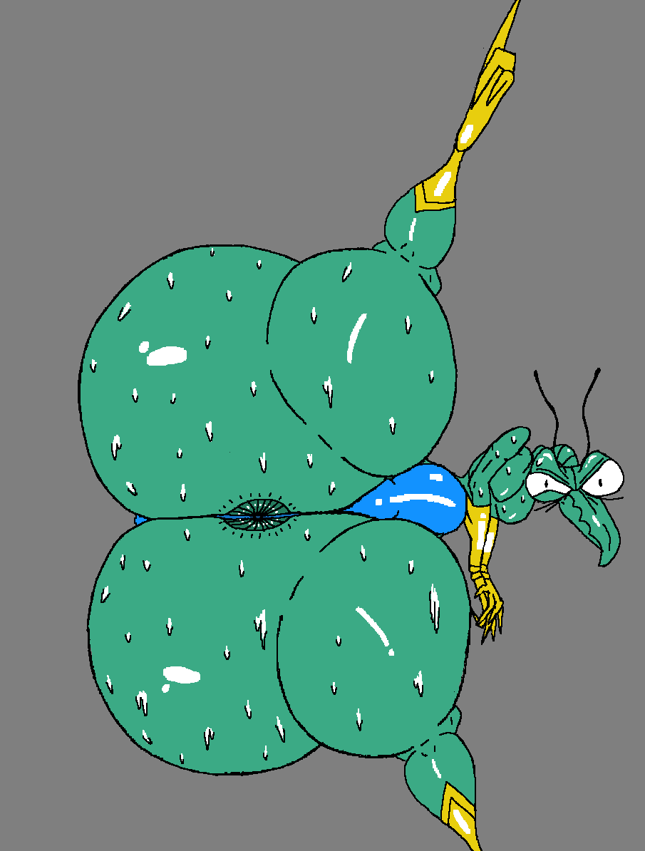 3_toes 4_fingers antennae_(anatomy) anthro anus anus_behind_thong arthropod big_butt bodily_fluids bulge butt clothing dokarian feet fingers flat_colors footwear glistening glistening_body gloves handwear hanna-barbera insect lying male mantis on_side plamzdoom solo space_ghost_(series) spread_legs spreading sweat thong toes underwear