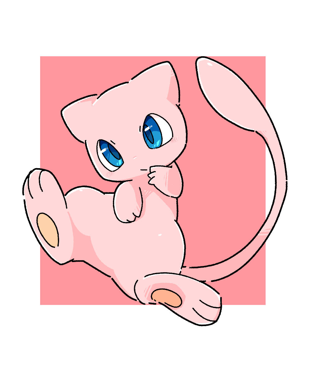 ambiguous_gender blue_eyes chaba feral generation_1_pokemon hi_res legendary_pokemon long_tail looking_at_viewer mew_(pokemon) mouth_closed nintendo pawpads paws pink_body pokemon pokemon_(species) showing_feet showing_paws simple_background solo tail