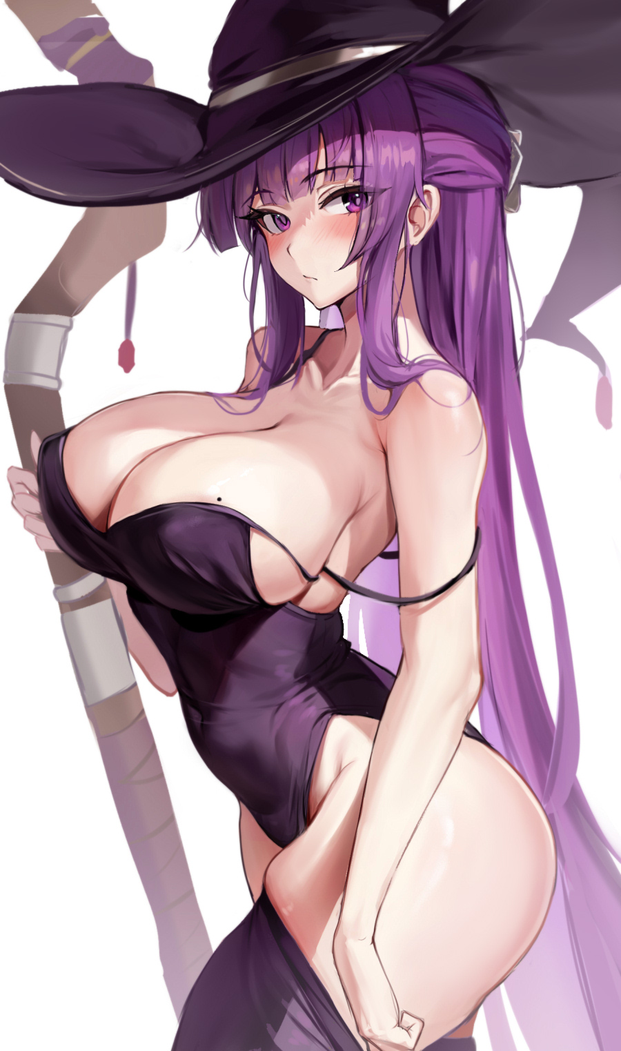 1girl bare_shoulders blunt_bangs blush breasts cleavage closed_mouth collarbone covered_navel fern_(sousou_no_frieren) hair_ornament hair_over_shoulder half_updo hat highres holding holding_staff huge_breasts leotard long_hair looking_at_viewer mage_staff mole mole_on_breast off_shoulder oversized_hat purple_eyes purple_hair purple_leotard purple_thighhighs skindentation solo sousou_no_frieren staff stone_(ksorede) straight_hair strap_slip thick_thighs thighhighs thighs very_long_hair white_background witch_hat