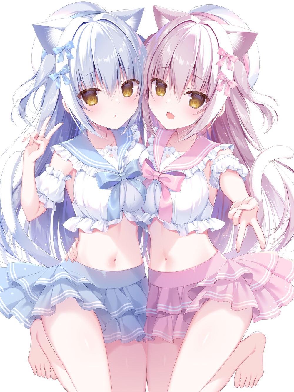 2girls :d animal_ears barefoot beret blue_sailor_collar blue_skirt breasts cat_ears cat_girl cat_tail collarbone comiket_102 commentary_request detached_sleeves grey_hair hand_up hasune hat highres layered_skirt long_hair looking_at_viewer medium_breasts multiple_girls original outstretched_arm pink_hair pink_sailor_collar pink_skirt pleated_skirt puffy_short_sleeves puffy_sleeves sailor_collar shirt short_sleeves siblings simple_background skirt smile standing standing_on_one_leg tail twins two_side_up v very_long_hair white_background white_headwear white_shirt white_sleeves