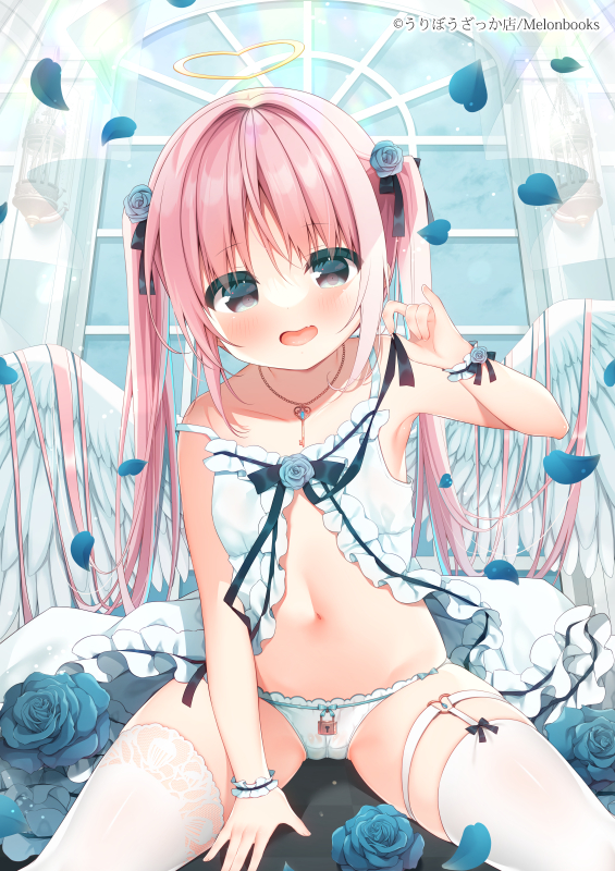 1girl :d babydoll bare_shoulders between_legs black_bow blue_flower blue_rose blush bow bow_panties commentary_request feathered_wings flower grey_eyes hair_between_eyes hair_flower hair_ornament hanamiya_natsuka hand_between_legs hand_up heart_halo long_hair looking_at_viewer navel original panties petals pink_hair rose smile solo strap_slip thighhighs twintails underwear very_long_hair white_panties white_thighhighs white_wings wings wrist_cuffs