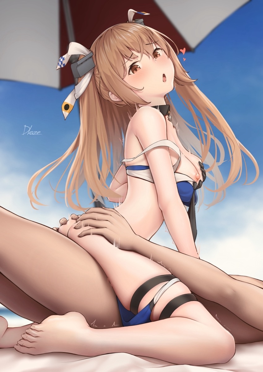 1boy 1girl bare_legs bare_shoulders barefoot bikini black_gloves blue_bikini blush breasts brown_eyes driftkingtw girl_on_top gloves hair_between_eyes heart hetero highres johnston_(kancolle) kantai_collection light_brown_hair long_hair medium_breasts nipples open_mouth parasol sex signature swimsuit toenails toes two_side_up umbrella