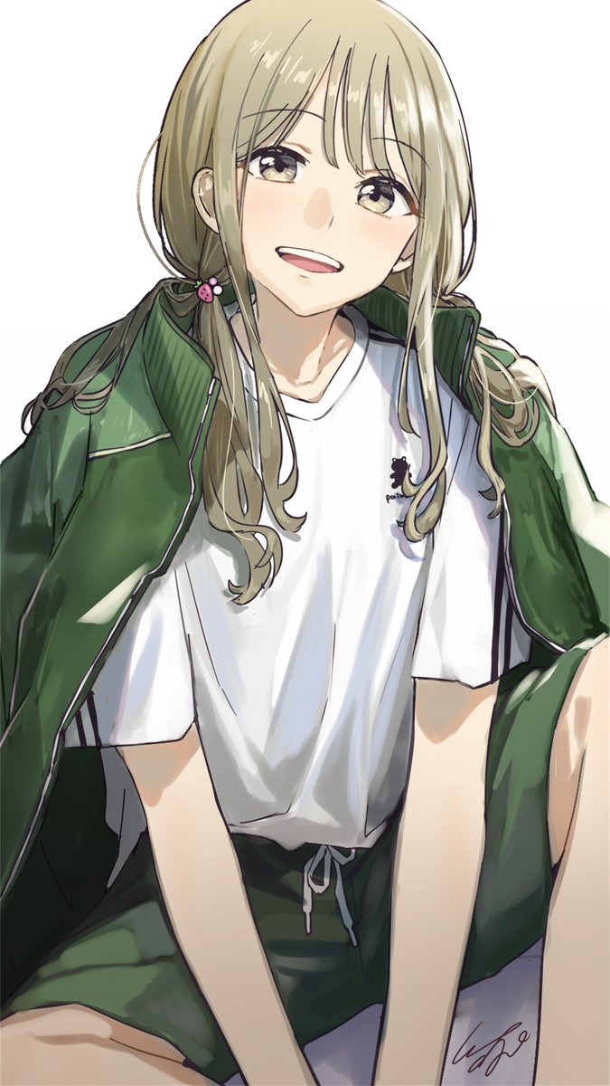 1boy androgynous blonde_hair green_jacket green_shorts highres jacket long_hair looking_at_viewer low_twintails male_focus open_mouth otoko_no_ko pomu senpai_wa_otokonoko shirt shorts sitting sportswear t-shirt twintails white_shirt yellow_eyes