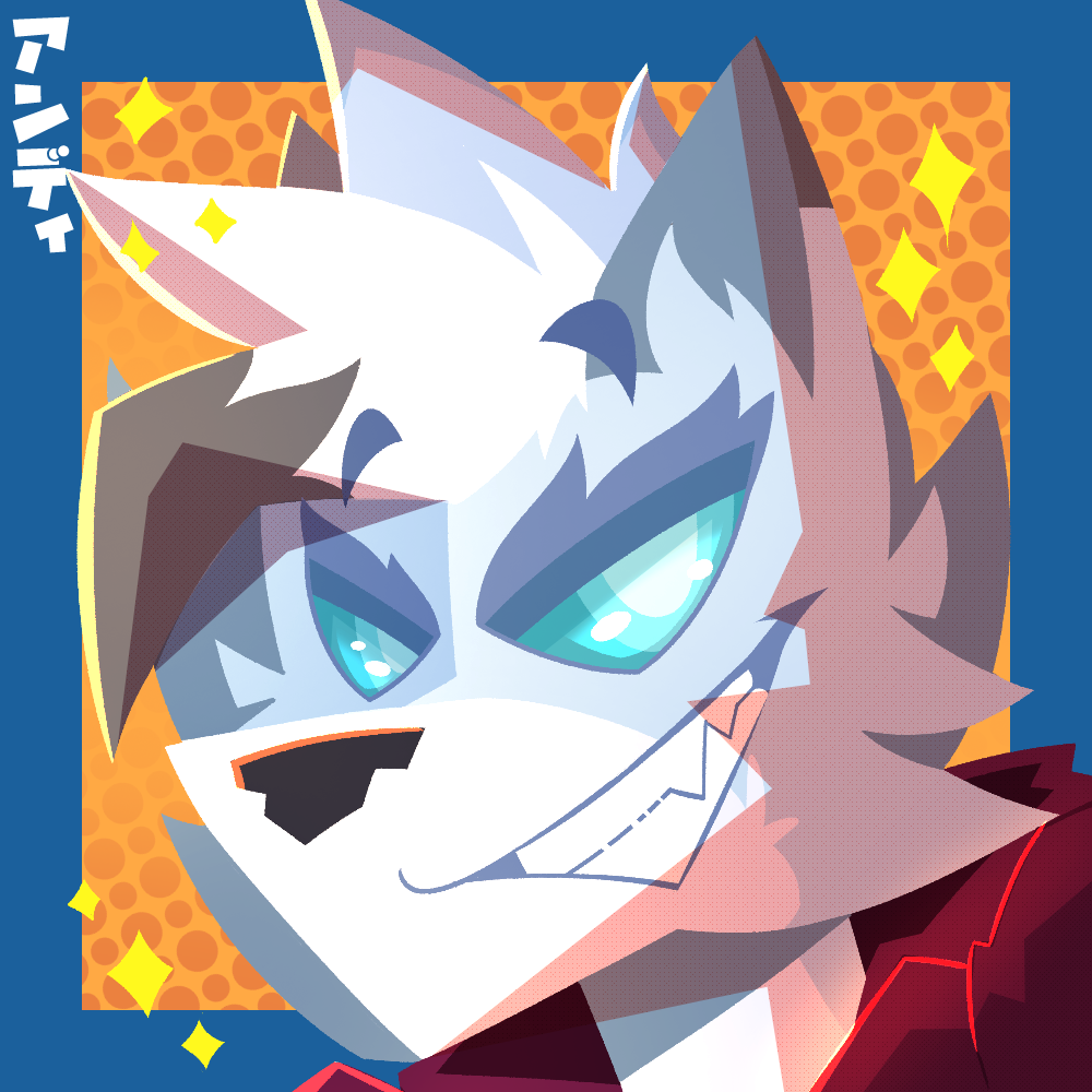 2023 anthro black_body black_fur black_hair black_nose blue_border blue_eyes blue_sclera border canid canine clothing fur generation_7_pokemon grey_body grey_fur grin hair half-closed_eyes headshot_portrait hoodie icon looking_at_viewer lycanroc male mammal narrowed_eyes nintendo orange_background pink_inner_ear pokemon pokemon_(species) portrait pupils red_clothing red_hoodie red_topwear simple_background skweekers smile solo sparkles topwear white_body white_fur white_pupils