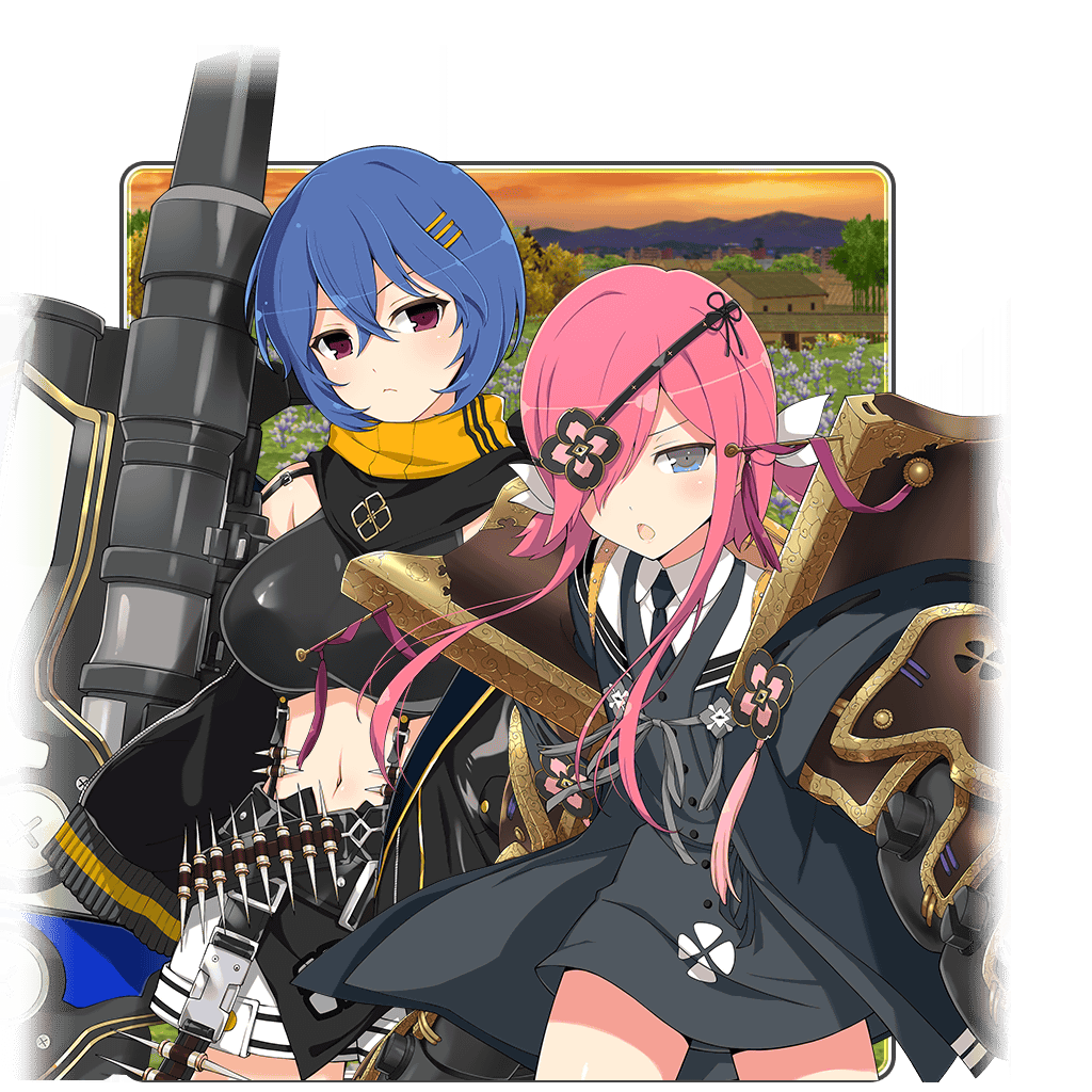 2girls :o amane_(senran_kagura) architecture armor bandolier belt_buckle black_jacket black_necktie blue_eyes blue_flower blue_hair blush bow breasts buckle building city cityscape cloud day east_asian_architecture emblem evening eyepatch field flat_chest flower flower_field forest grass gun hair_ornament hair_over_one_eye hand_in_pocket huge_weapon jacket japanese_armor kazakiri_(senran_kagura) large_breasts leather leather_jacket looking_at_viewer low_twintails midriff mountain mountainous_horizon multiple_girls multiple_hairpins nature navel necktie official_art open_mouth orange_sky outdoors pink_hair pink_tassel power_claw purple_tassel red_eyes scarf school_uniform senran_kagura senran_kagura_new_link shiny_skin shirt short_hair short_shorts short_twintails shorts shoulder_armor skirt sky skyline skyscraper sode standing suspenders tongue tree twintails weapon white_shirt yaegashi_nan
