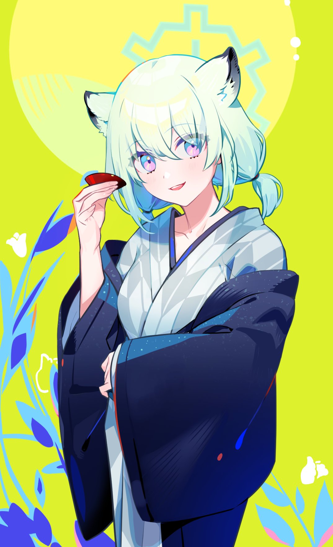 1girl animal_ears bath_yukata blue_archive blush cup fingernails green_background green_hair grey_kimono hair_between_eyes highres holding holding_cup japanese_clothes kimono long_sleeves looking_at_viewer medium_hair official_alternate_costume open_mouth purple_eyes shigure_(blue_archive) shigure_(hot_spring)_(blue_archive) smile solo weasel_ears wide_sleeves yukata yuura