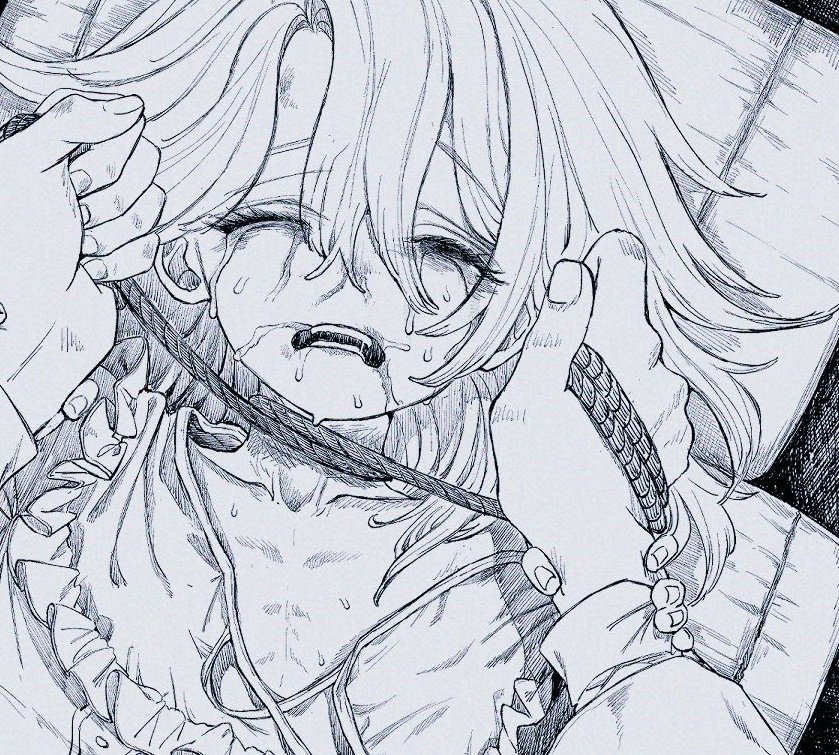 1girl 1other closed_eyes commentary crying frilled_shirt frills greyscale hands_on_another's_arms long_sleeves lying medium_hair monochrome on_back open_mouth original portrait red_hod rope_marks ryona shirt strangling strangulation_mark sweat vomit