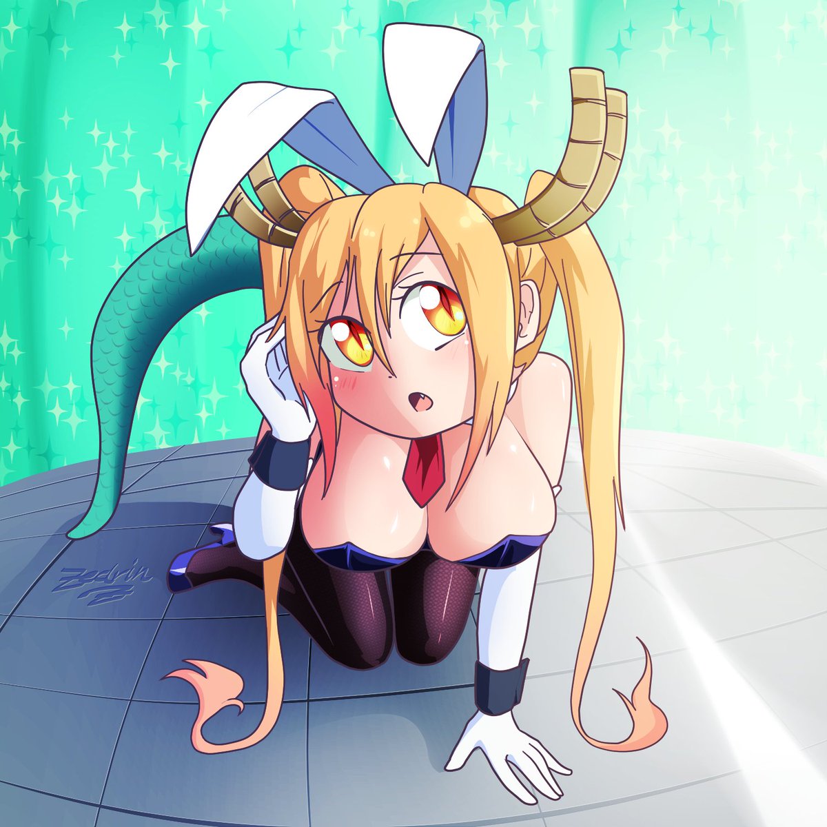 2021 animal_humanoid big_breasts blonde_hair blush breasts bunny_costume cleavage clothed clothing costume dragon dragon_humanoid fake_ears fake_rabbit_ears female hair hi_res horn horned_humanoid humanoid kneeling miss_kobayashi's_dragon_maid open_mouth signature solo tail text tohru_(dragon_maid) yellow_eyes zedrin