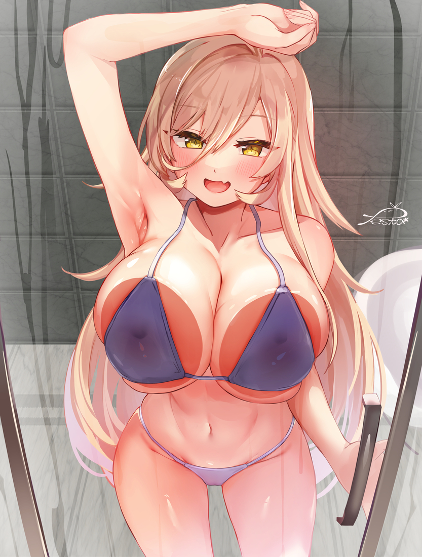 1girl against_glass bathroom bikini blonde_hair blush breast_press breasts breasts_on_glass covered_nipples fang festa11307070 hair_between_eyes hand_on_glass large_breasts long_hair looking_at_viewer nijisanji nui_sociere open_mouth purple_bikini skin_fang solo swimsuit virtual_youtuber wet yellow_eyes