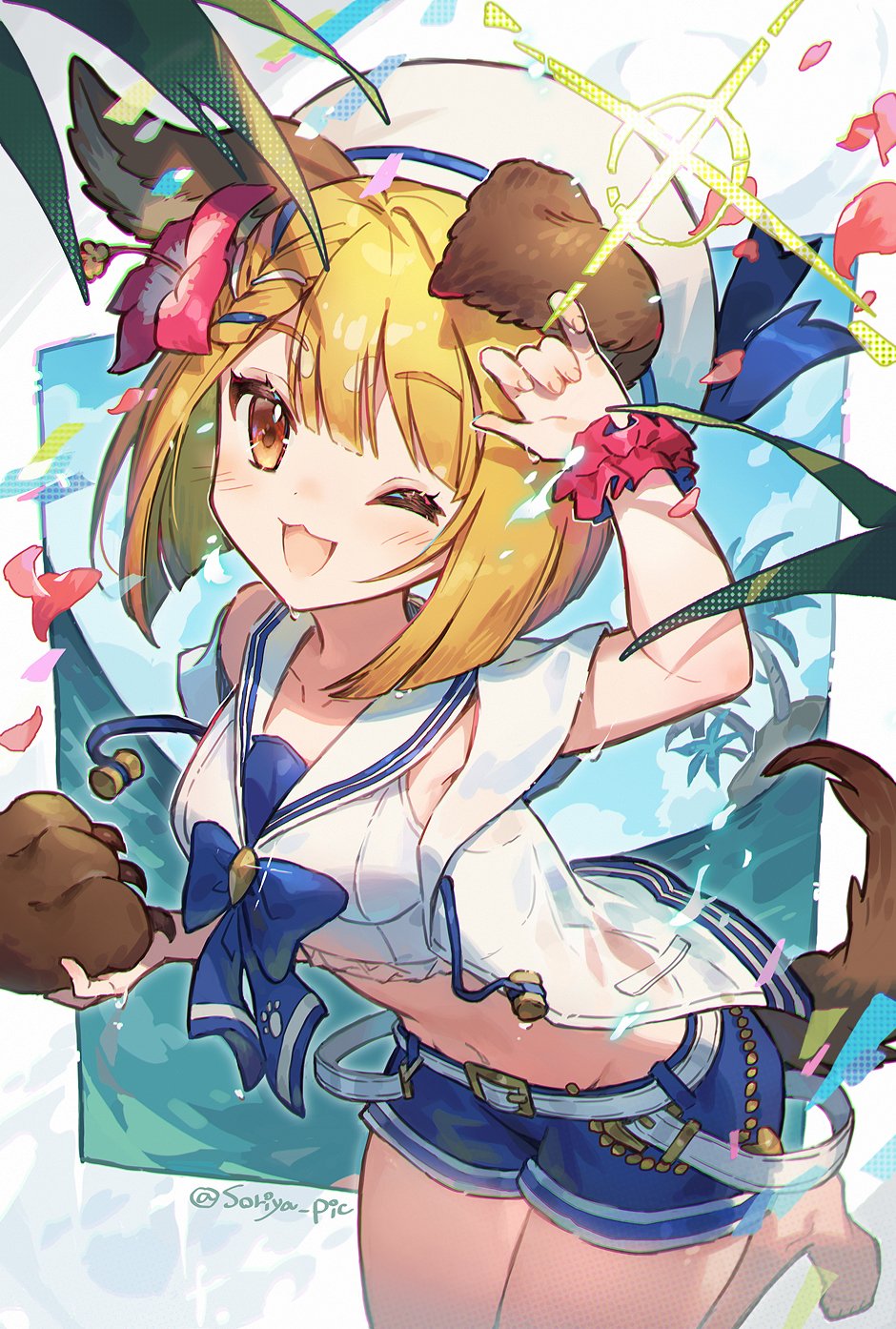 1girl :3 animal_ears animal_hands arm_up bad_feet barefoot belt blonde_hair blue_neckerchief blue_shorts blue_sky bob_cut border breasts commentary dog_ears dog_girl dog_tail feet_out_of_frame flower granblue_fantasy hair_flower hair_ornament hat hibiscus highres island jacket leg_up lens_flare looking_at_viewer medium_breasts neckerchief ocean official_alternate_costume one_eye_closed open_clothes open_jacket open_mouth palm_tree red_flower sailor_collar sailor_hat scrunchie see-through see-through_jacket shorts sky smile solo soriya tail tank_top tree twitter_username vajra_(granblue_fantasy) vajra_(summer)_(granblue_fantasy) white_belt white_headwear white_sailor_collar white_tank_top wrist_scrunchie yellow_eyes