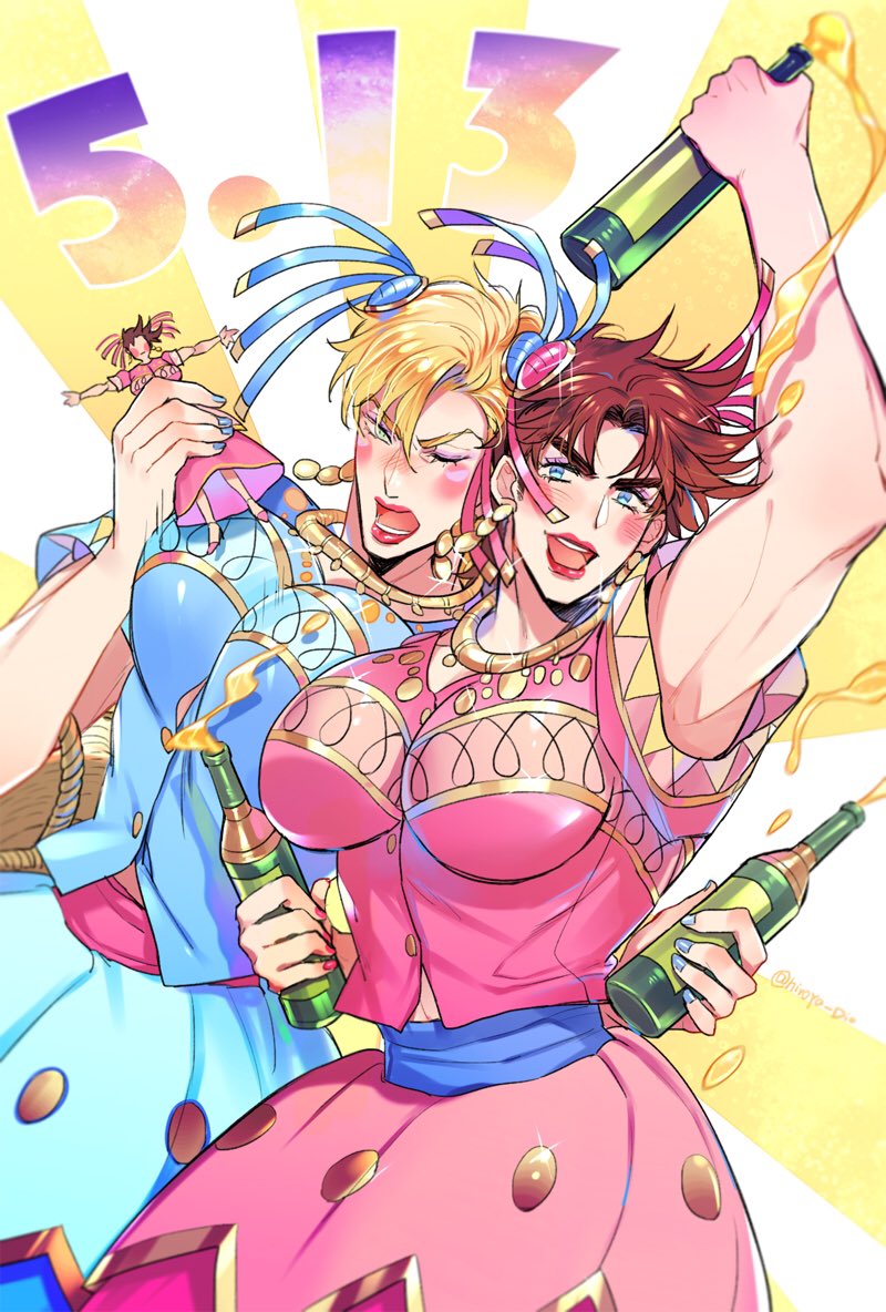 2boys battle_tendency blonde_hair blue_dress blue_eyes bottle breast_padding brown_hair character_doll crossdressing dated derivative_work dress earrings facial_mark green_eyes hair_ornament hatoyama_itsuru holding holding_bottle jewelry jojo_no_kimyou_na_bouken joseph_joestar joseph_joestar_(tequila) lipstick makeup male_focus manga_panel_redraw multiple_boys muscular muscular_male wince