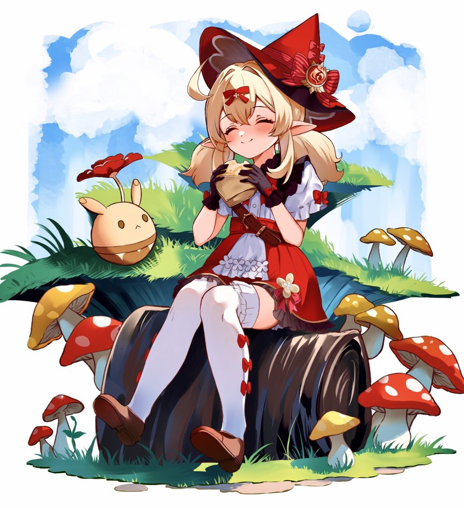 1girl ahoge blonde_hair blush bread brown_footwear child closed_eyes closed_mouth dress eating food genshin_impact grass hair_between_eyes hat holding holding_food klee_(genshin_impact) long_hair low_twintails medium_hair mushroom pointy_ears red_dress red_headwear samori shoes sidelocks sitting smile solo thighhighs twintails white_thighhighs