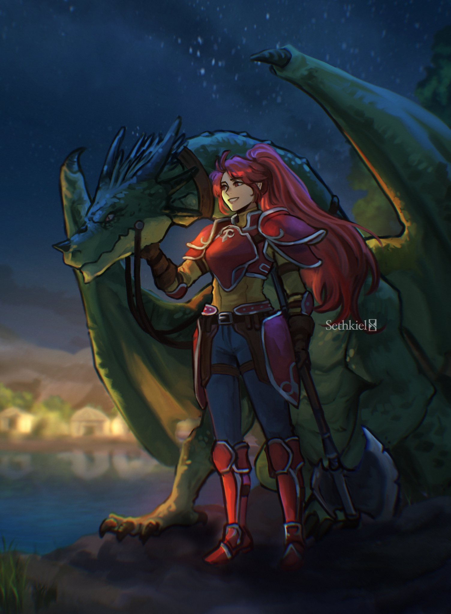 1girl armor armored_boots artist_name axe belt belt_buckle boots breastplate buckle commission dragon english_commentary fire_emblem fire_emblem:_path_of_radiance fire_emblem:_radiant_dawn full_body gloves highres holding holding_axe jill_(fire_emblem) night outdoors pants ponytail red_eyes red_hair sethkiel smile solo standing water watermark