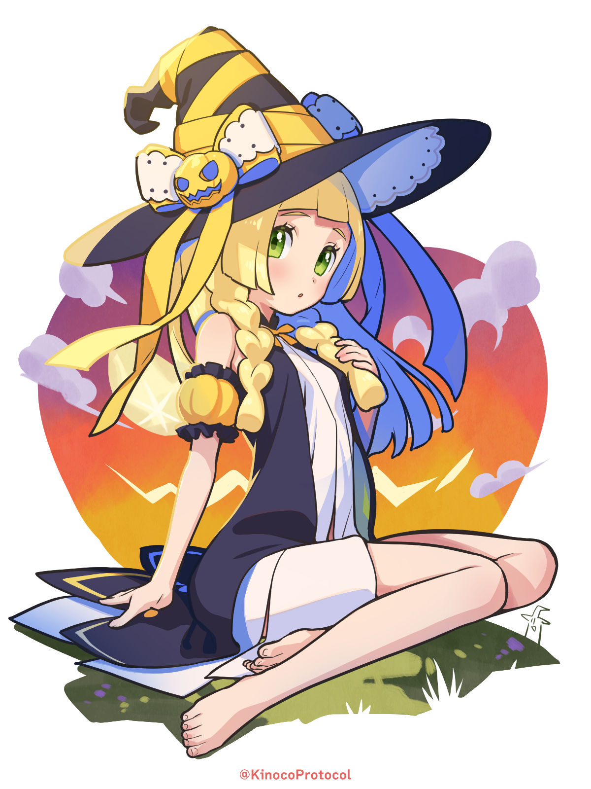 1girl alternate_costume arm_support barefoot black_coat blonde_hair blunt_bangs blush braid coat commentary_request dress eyelashes full_body green_eyes halloween halloween_costume hand_up hat hat_ornament hat_ribbon highres kinocopro legs lillie_(pokemon) long_hair open_clothes open_coat pokemon pokemon_(game) pokemon_sm ribbon sitting sleeveless sleeveless_coat solo toes twin_braids twitter_username white_dress witch_hat yellow_ribbon