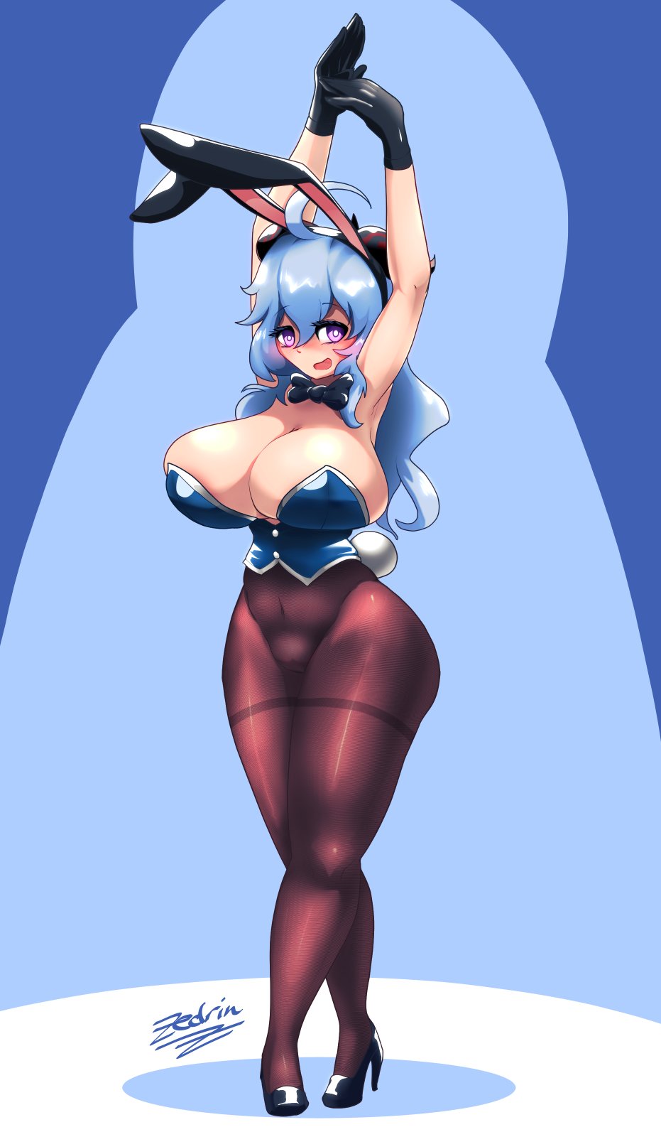 ahoge animal_humanoid arms_above_head big_breasts blue_hair blush breasts bunny_costume cleavage clothed clothing costume crossed_legs dragon dragon_humanoid fake_ears fake_rabbit_ears fake_rabbit_tail fake_tail female footwear ganyu_(genshin_impact) genshin_impact hair hi_res high_heels horn horned_humanoid huge_breasts humanoid looking_at_viewer mihoyo open_mouth purple_eyes raised_arms signature smile solo standing text thick_thighs wide_hips zedrin