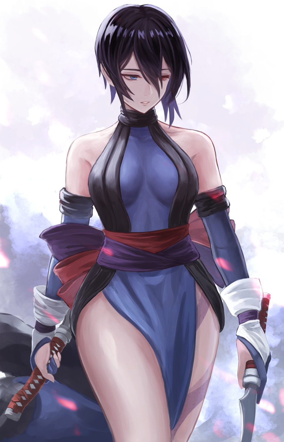 1girl akito1218 backless_kimono bare_shoulders black_hair blue_eyes blue_gloves blue_kimono breasts dual_wielding elbow_gloves gloves heterochromia highres holding holding_sword holding_weapon japanese_clothes kimono leg_tattoo ninja obi parted_lips partially_fingerless_gloves pelvic_curtain red_eyes samurai_spirits sash shiki_(samurai_spirits) short_hair short_sword solo sword tantou tattoo weapon