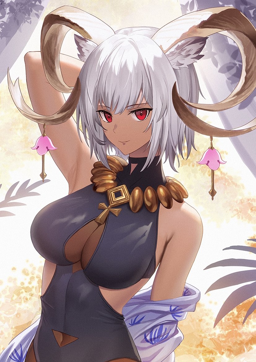 1girl animal_ears ankh_necklace arknights arm_behind_head arm_up armpits backlighting bare_shoulders black_one-piece_swimsuit breasts carnelian_(arknights) carnelian_(shimmering_dew)_(arknights) casual_one-piece_swimsuit closed_mouth covered_navel goat_ears goat_girl goat_horns grey_hair horns impossible_clothes impossible_swimsuit large_breasts longyu_(17767756) looking_at_viewer off_shoulder official_alternate_costume one-piece_swimsuit red_eyes short_hair smile solo swimsuit upper_body