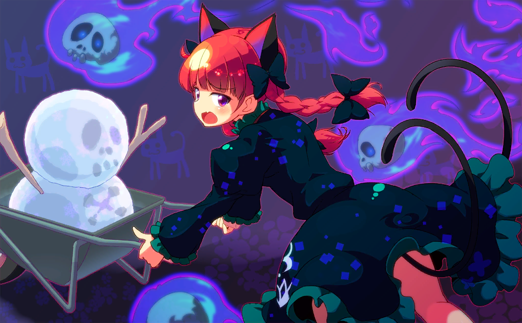 1girl animal_background animal_ears black_bow black_dress blue_fire bow braid cart cat cat_ears cat_tail collar collared_dress dress fang feet_out_of_frame fire frilled_collar frilled_dress frilled_sleeves frills from_behind frown game_cg hair_bow juliet_sleeves kaenbyou_rin light_blush long_hair long_sleeves looking_back multiple_hair_bows multiple_tails nekomata official_art open_mouth puffy_sleeves purple_background purple_eyes pushing short_dress skull skull_and_crossbones snowman solo stick sw_(taco) tail touhou touhou_cannonball twin_braids two_tails