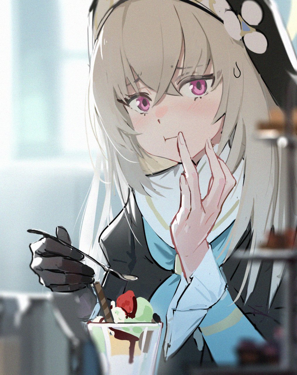 1girl black_gloves blue_archive blurry blush depth_of_field eating gloves grey_hair habit highres holding holding_spoon long_hair looking_at_viewer nun parfait pink_eyes sakurako_(blue_archive) shioda_(shioda_5) single_glove solo spoon sweatdrop upper_body