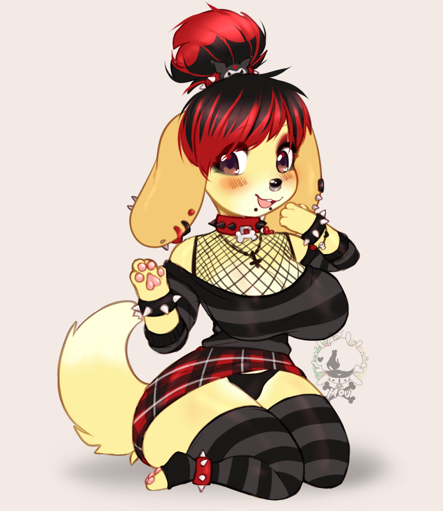 alternate_costume animal_crossing anklet anthro black_hair bottomwear bracelet canid canine canis clothing collar cross domestic_dog ear_piercing ear_ring facial_piercing female fishnet fishnet_clothing fishnet_topwear floppy_ears footwear fur grey_background hair highlights_(coloring) inverted_cross isabelle_(animal_crossing) jewelry kneeling legband legwear lip_piercing long_sleeve_shirt mammal moucchiato necklace nintendo nose_piercing nose_ring open_mouth open_smile panties pattern_clothing pattern_legwear pattern_stockings pawpads paws piercing pink_pawpads red_highlights ring_piercing simple_background skirt smile snakebite_piercing socks solo spiked_anklet spiked_bracelet spiked_collar spiked_legband spikes stockings striped_clothing striped_legwear striped_stockings stripes toeless_footwear toeless_legwear toeless_socks topwear underwear white_background wide_eyed yellow_body yellow_fur
