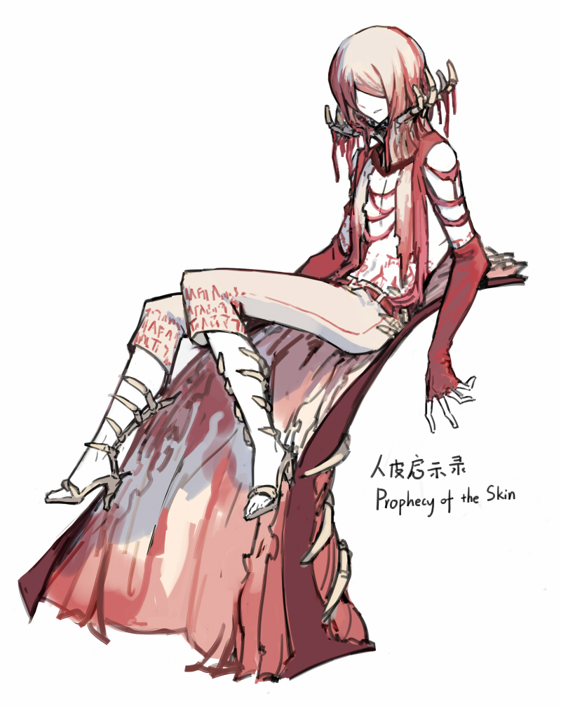 1other blood bone cape facing_viewer flesh gloves hair_over_eyes lobotomy_corporation multicolored_hair nishikujic pants personification pink_hair pink_pants project_moon red_cape red_gloves simple_background sitting skin_prophecy streaked_hair torn_clothes white_background white_hair