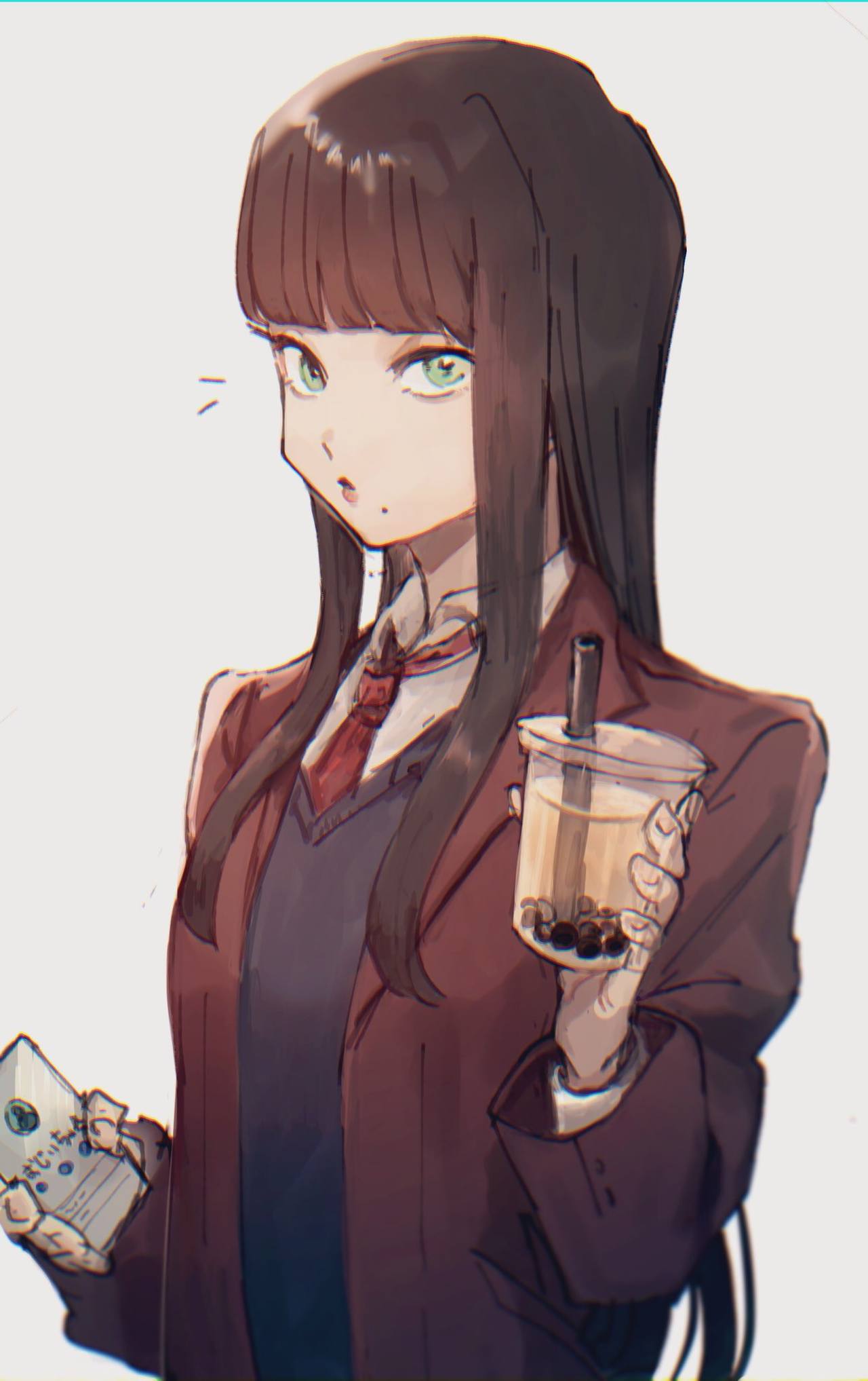 1girl alternate_costume bad_id bad_pixiv_id black_hair black_vest blunt_bangs bubble_tea collared_shirt contemporary cup disposable_cup drinking_straw final_fantasy final_fantasy_xiv from_side green_eyes hand_up highres holding holding_cup hyur jacket kuroge_(kewagyuu) long_hair mole mole_under_mouth necktie notice_lines parted_lips red_jacket red_necktie school_uniform shirt sidelocks simple_background solo straight_hair upper_body vest white_background white_shirt yotsuyu_goe_brutus