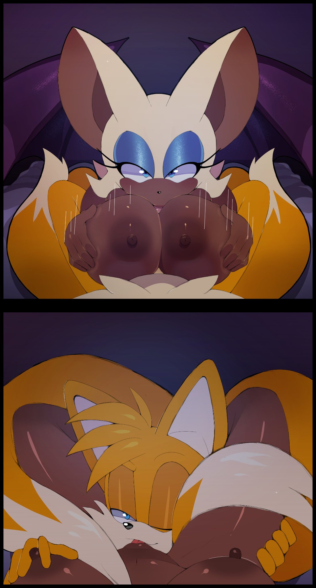 age_difference aged_up anthro bat breast_grab breast_play breasts canid canine cunnilingus dark_body dark_skin duo female fox hand_on_breast hi_res light-skinned_male male male/female mammal miles_prower older_female oral rouge_the_bat sega sex sonic_the_hedgehog_(series) squish_(artist) titfuck vaginal younger_male