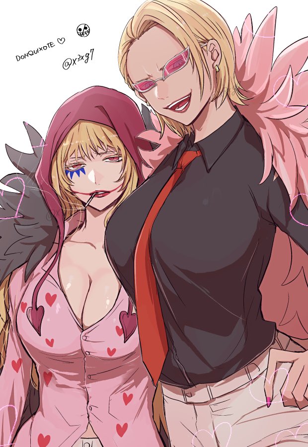 2girls black_shirt blonde_hair breasts character_name cigarette cleavage coat commentary_request donquixote_doflamingo donquixote_rocinante earrings feather_coat genderswap genderswap_(mtf) hand_on_own_hip hat heart heart_print huge_breasts jewelry long_hair long_sleeves looking_at_viewer makeup mouth_hold multiple_girls nashieda one_piece open_mouth pants pink-tinted_eyewear pink_coat pink_nails red_lips shirt short_hair siblings sisters smile smoke smoking sunglasses tinted_eyewear very_long_hair white-framed_eyewear