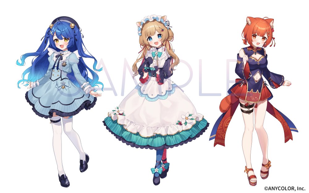 3girls :d amamiya_kokoro animal_ear_fluff animal_ears asymmetrical_legwear bell beret black_footwear black_gloves black_headwear black_shirt blue_eyes blue_hair blue_pantyhose blue_shirt blue_skirt blue_sleeves blush breasts brown_eyes brown_hair cleavage cleavage_cutout clothing_cutout commentary_request detached_sleeves eli_conifer frilled_skirt frilled_sleeves frills gloves gradient_hair hair_bell hair_ornament hat jingle_bell juliet_sleeves loafers long_hair long_sleeves looking_at_viewer medium_breasts mismatched_legwear multicolored_hair multiple_girls navel navel_cutout nijisanji official_art orange_hair pantyhose pleated_skirt puffy_sleeves ratna_petit red_footwear red_pantyhose red_skirt sample_watermark sandals shirt shoes simple_background skirt sleeves_past_wrists smile striped striped_thighhighs thighhighs two_side_up very_long_hair virtual_youtuber white_background white_skirt white_thighhighs wide_sleeves x_hair_ornament yamabukiiro