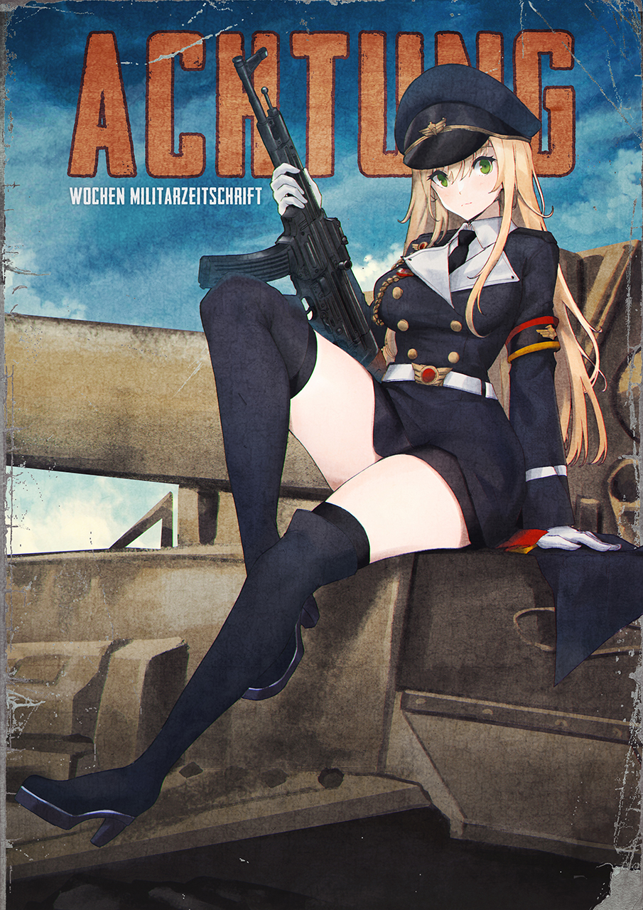 1girl arm_support assault_rifle belt black_footwear black_necktie black_thighhighs blonde_hair boots breasts closed_mouth commission german_text girls'_frontline gloves green_eyes gun hat high_heel_boots high_heels highres holding holding_gun holding_weapon long_hair long_sleeves looking_at_viewer medium_breasts military_hat military_uniform necktie peaked_cap persocon93 pixiv_commission rifle shirt sitting solo stg44 stg44_(girls'_frontline) thigh_boots thighhighs thighhighs_under_boots uniform very_long_hair weapon white_belt white_gloves white_shirt