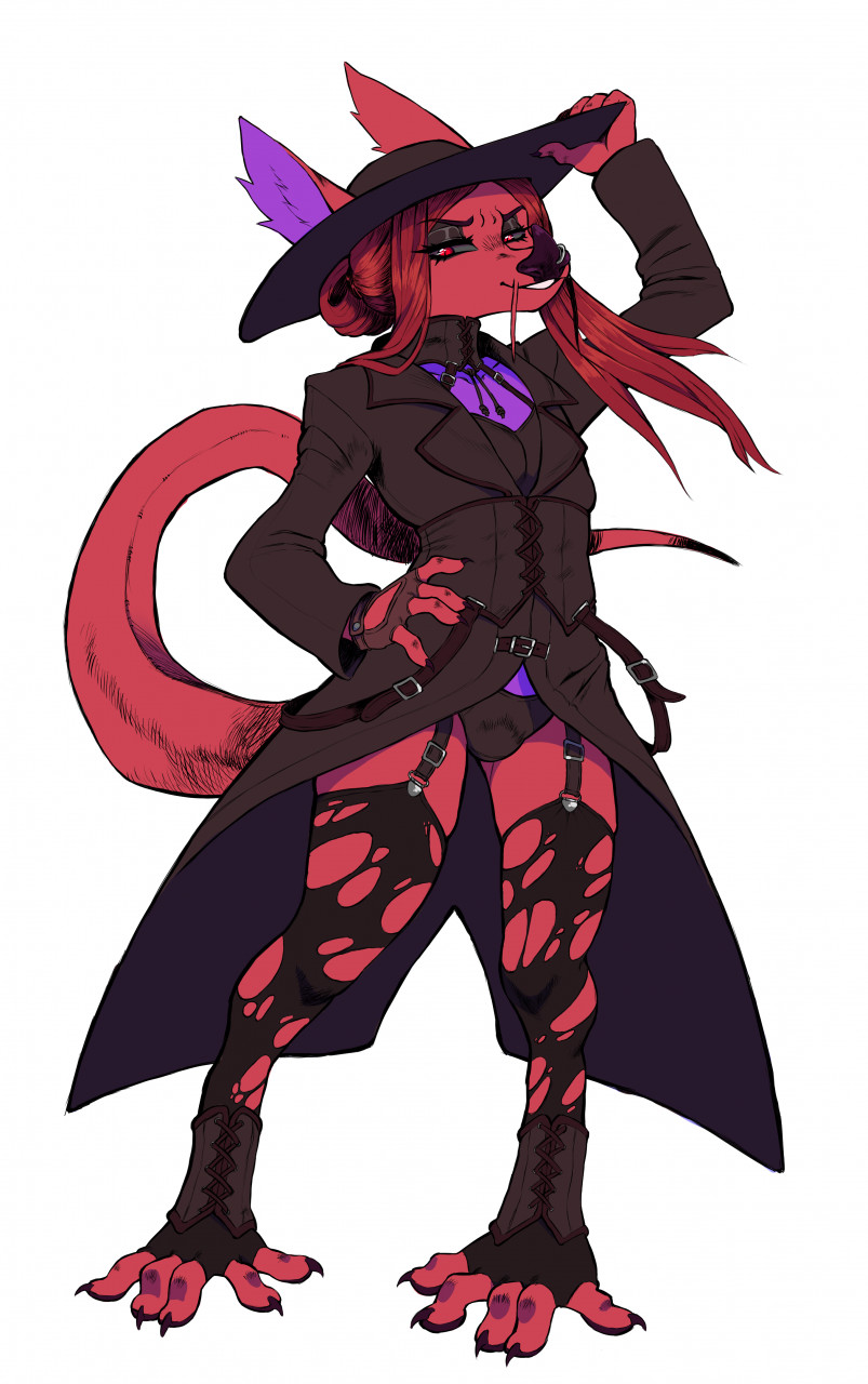 anthro black_sclera bolo_tie boots bulge chimera clothing coat fingerless_gloves footwear garter_straps gloves gutter-bunny hair half-closed_eyes hand_feet handwear hat headgear headwear hi_res legwear male mammal narrowed_eyes nonbinary_(lore) panties red_body red_hair red_skin simple_background smile solo stockings toeless_boots toeless_footwear topwear torn_clothing torn_legwear torn_stockings trenchcoat underwear whiskers white_background