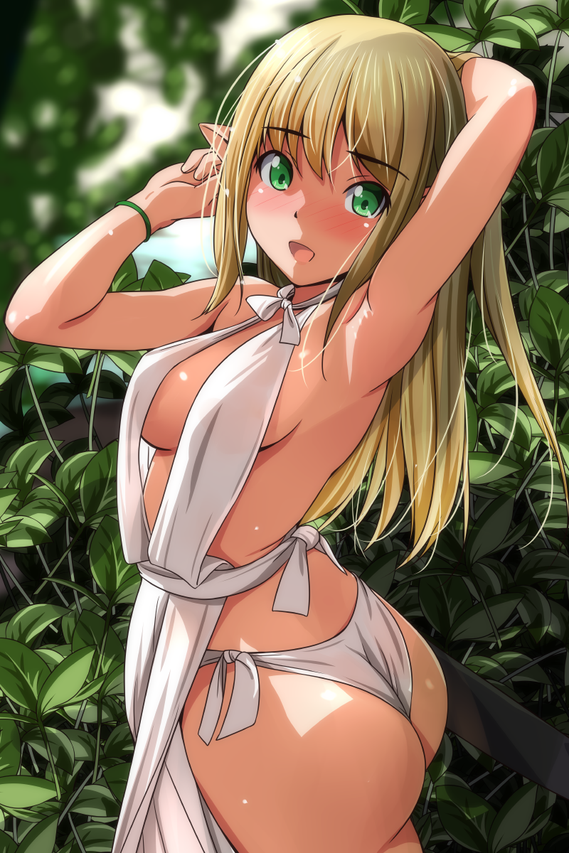 1girl arm_behind_head arms_up ass blonde_hair blurry blush breasts depth_of_field elf forest green_eyes highres large_breasts loincloth long_hair looking_at_viewer matsunaga_kouyou nature nose_blush open_mouth original outdoors pelvic_curtain pointy_ears smile solo vegetation