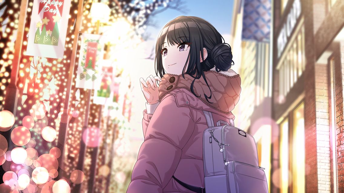 1girl backlighting backpack bag black_hair bloom blurry bokeh brown_scarf building coat day depth_of_field down_jacket enpera from_behind game_cg hair_bun idolmaster idolmaster_shiny_colors jacket kazano_hiori lens_flare lights looking_up mole mole_under_mouth official_art outdoors pink_bag pink_coat purple_eyes scarf scarf_grab single_hair_bun smile solo upper_body winter_clothes