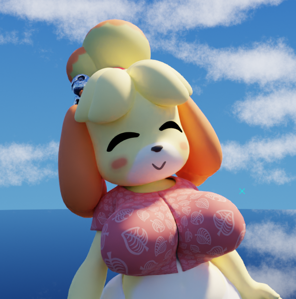 3d_(artwork) animal_crossing anthro big_breasts blue_sky blush breasts canid canine canis clothed clothing cloud digital_media_(artwork) domestic_dog eyes_closed female front_view fur furfnsfw hair isabelle_(animal_crossing) mammal navel nintendo shadow shih_tzu sky smile solo thick_thighs toy_dog wide_hips yellow_body yellow_fur