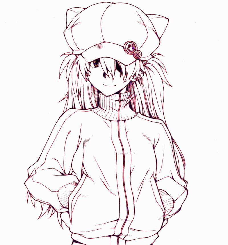 1girl animal_ear_headwear animal_hat closed_mouth eyepatch hands_in_pockets harukaze_koucha hat hat_pin jacket long_hair looking_at_viewer monochrome neon_genesis_evangelion rebuild_of_evangelion smile solo souryuu_asuka_langley track_jacket two_side_up