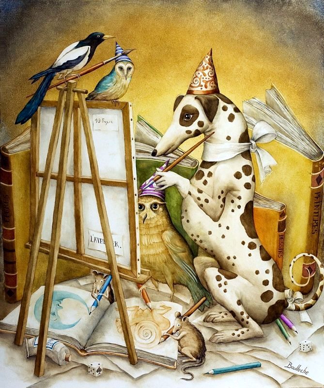 2010 agnes_boulloche avian bird book brush canid canine canis clothing dalmatian dice domestic_dog feral hat headgear headwear mammal murid murine owl paintbrush painting_(verb) party_hat pencil_(object) rat rodent spots spotted_body